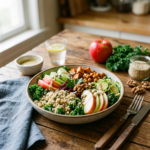 현재 이미지: Quinoa salad with apple slices, kale, Brussels sprouts, chickpeas, walnuts, and dried cranberries in a bowl