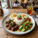 현재 이미지: Plate with beef rendang, fried egg, steamed rice, fresh cucumber and tomato slices, sambal, and mixed sautéed vegetables with iced tea in the background